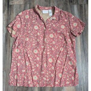 Liz Claiborne Collection Women's Large 100% Silk Red Floral Button Front Blouse